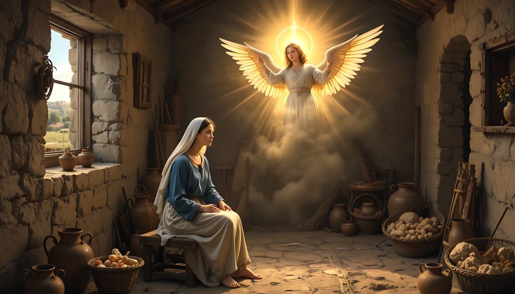 Angel Gabriel visiting Mary to announce the birth of Jesus in Luke 1