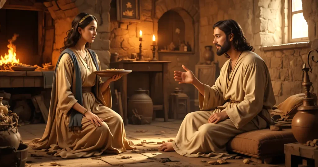 Martha in the Bible serving in her kitchen while Mary sits at Jesus feet, Luke 10 story of hospitality and distraction