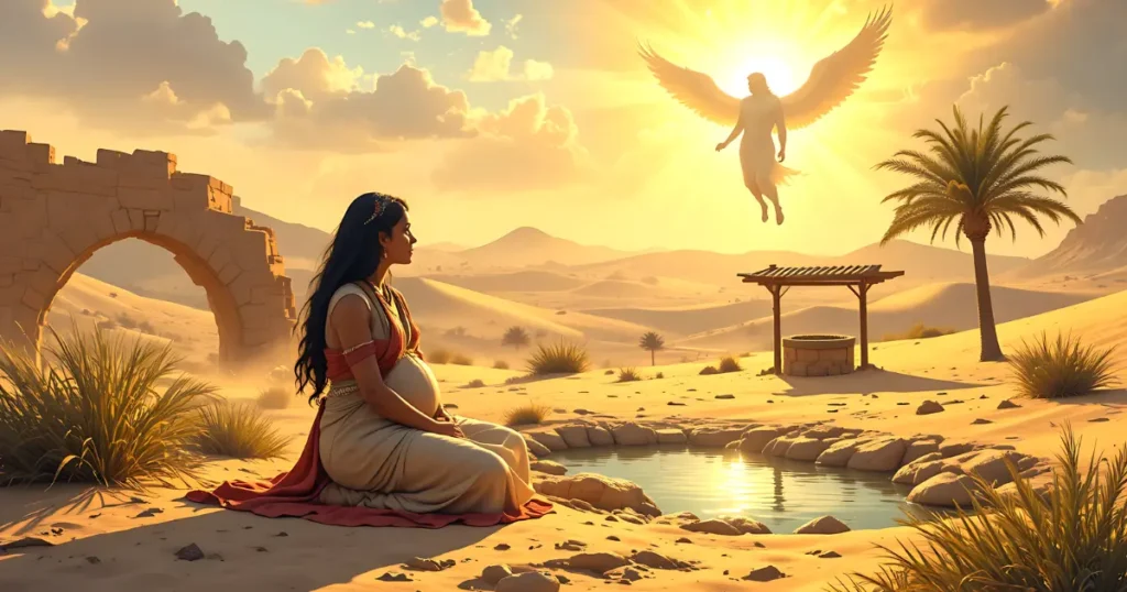 Angel of the Lord appears to Hagar in the wilderness in Genesis 16 when God sees Hagar and promises a future for Ishmael.