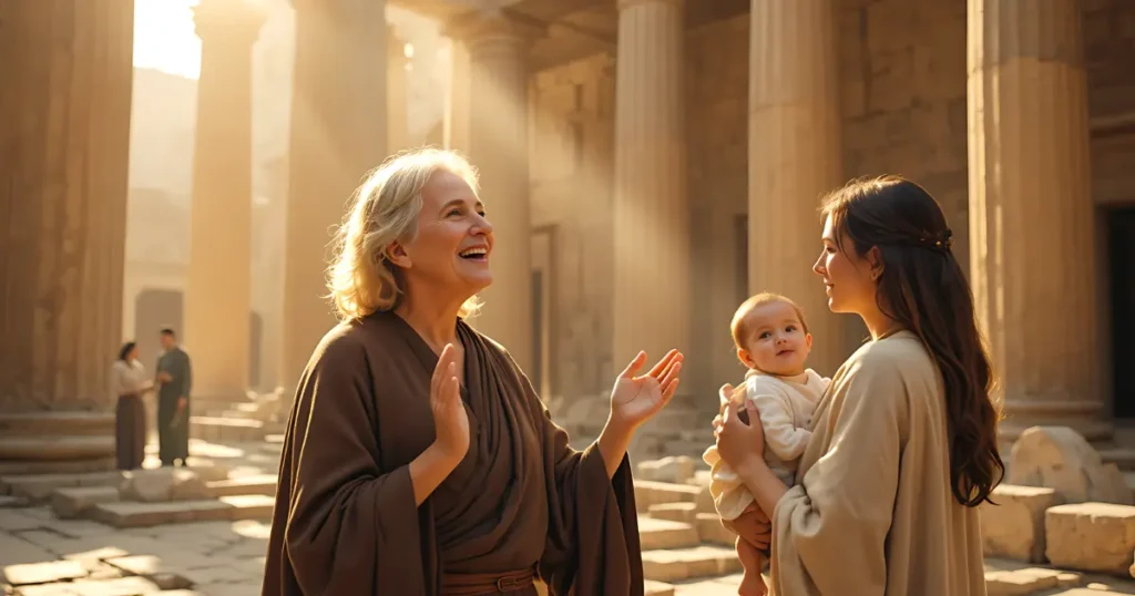 Anna in the bible, seeing baby Jesus at the temple and speaking to onlookers