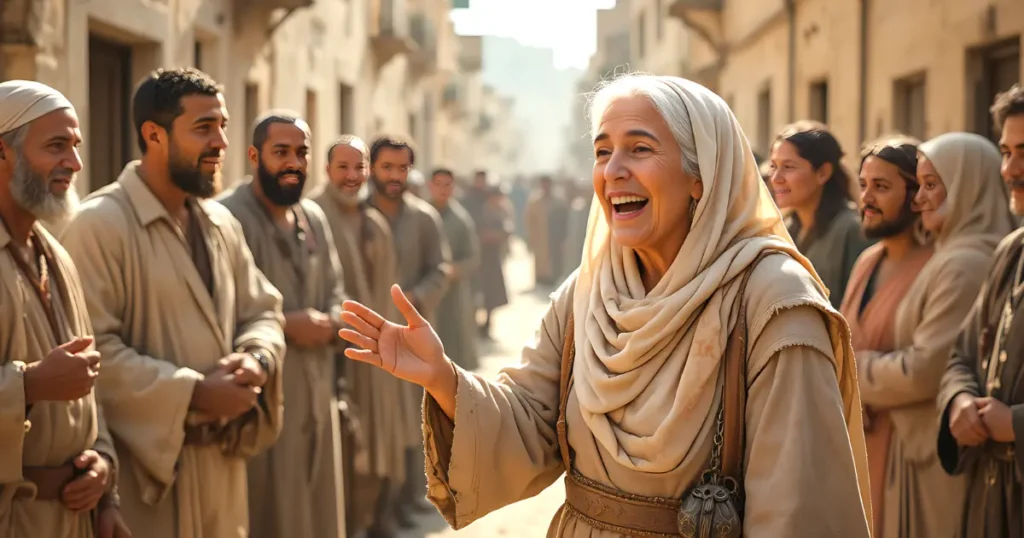Anna in the bible, speaking to a crowd in Jerusalem about baby Jesus and the redemption she had waited for her whole life.