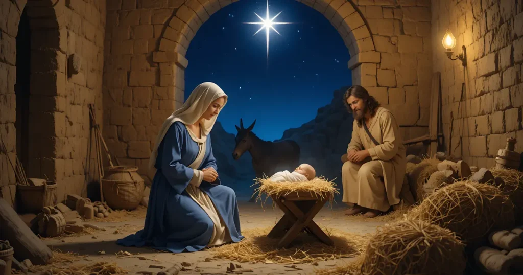 Mary giving birth to Jesus in Bethlehem and placing him in a manger