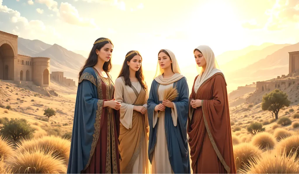 Illustration of Deborah, Esther, Ruth, and Mary Magdalene representing featured women of the Bible.