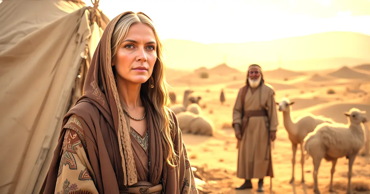 Sarah in the Bible standing near a tent in ancient Canaan, wife of Abraham and mother of Isaac