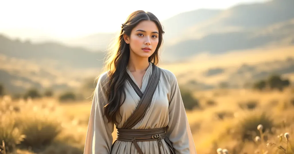 Leah in the Bible depicted as a reflective woman in a pastoral setting, representing her faith and role as a mother in Israel.