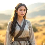 Leah in the Bible depicted as a reflective woman in a pastoral setting, representing her faith and role as a mother in Israel.