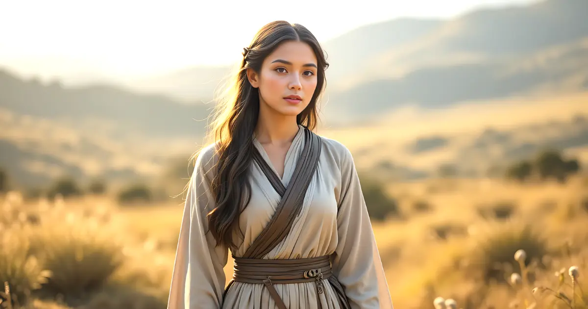 Leah in the Bible depicted as a reflective woman in a pastoral setting, representing her faith and role as a mother in Israel.