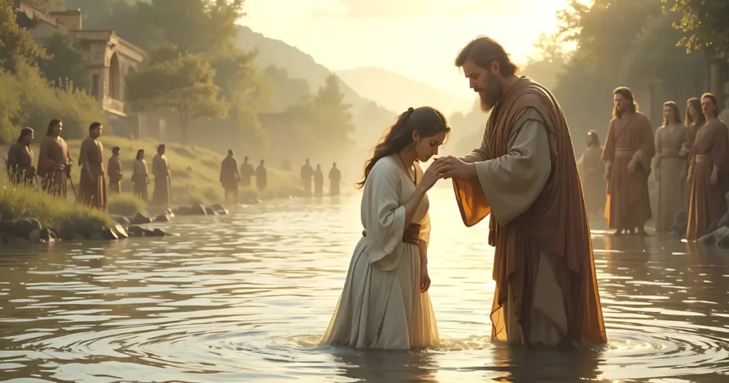 Lydia being baptized in the river after her conversion in Acts 16