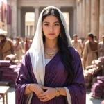 Lydia in the Bible holding purple cloth in ancient Philippi marketplace