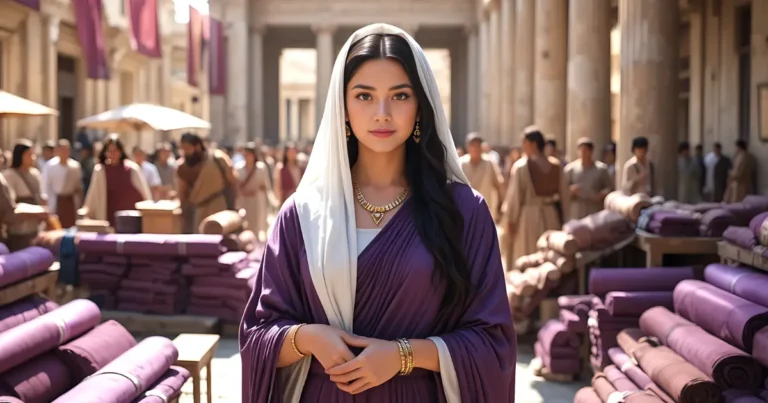 Lydia in the Bible holding purple cloth in ancient Philippi marketplace