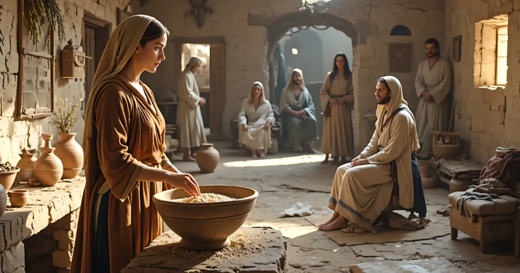 Martha in the Bible serving while Mary listens to Jesus in Bethany