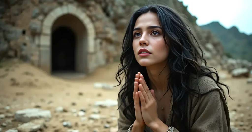 A raw, emotional scene of Mary of Bethany weeping at the feet of Jesus outside a stone tomb.