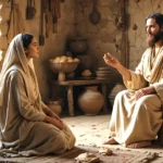 Mary of Bethany sitting at Jesus’ feet while Martha serves in a biblical home setting