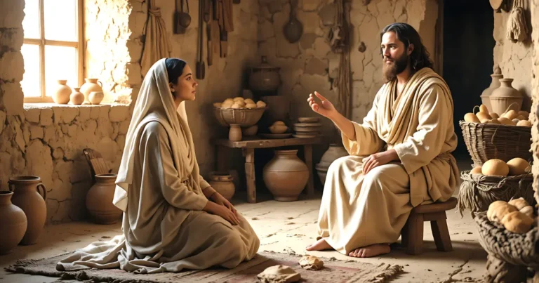 Mary of Bethany sitting at Jesus’ feet while Martha serves in a biblical home setting