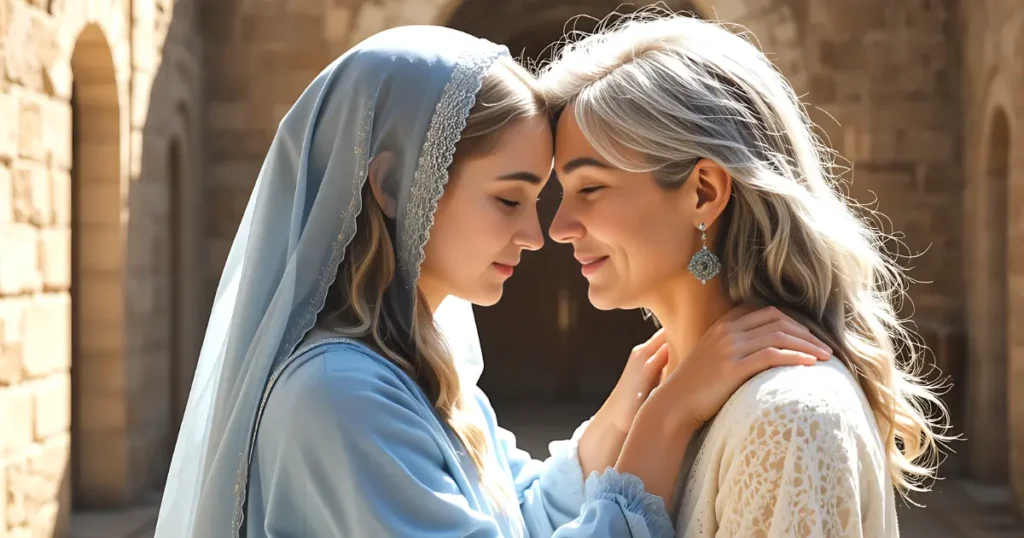  Mary visits Elizabeth in the Bible, two women embracing as Elizabeth recognizes Mary as mother of the Lord