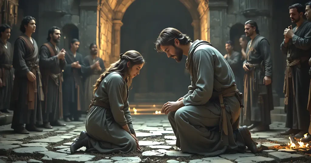Mary of Bethany weeping at Jesus feet after Lazarus death