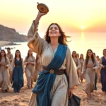 Miriam in the Bible leading worship with tambourine after the Red Sea crossing