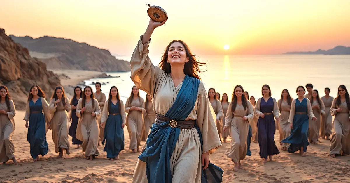 Miriam in the Bible leading worship with tambourine after the Red Sea crossing