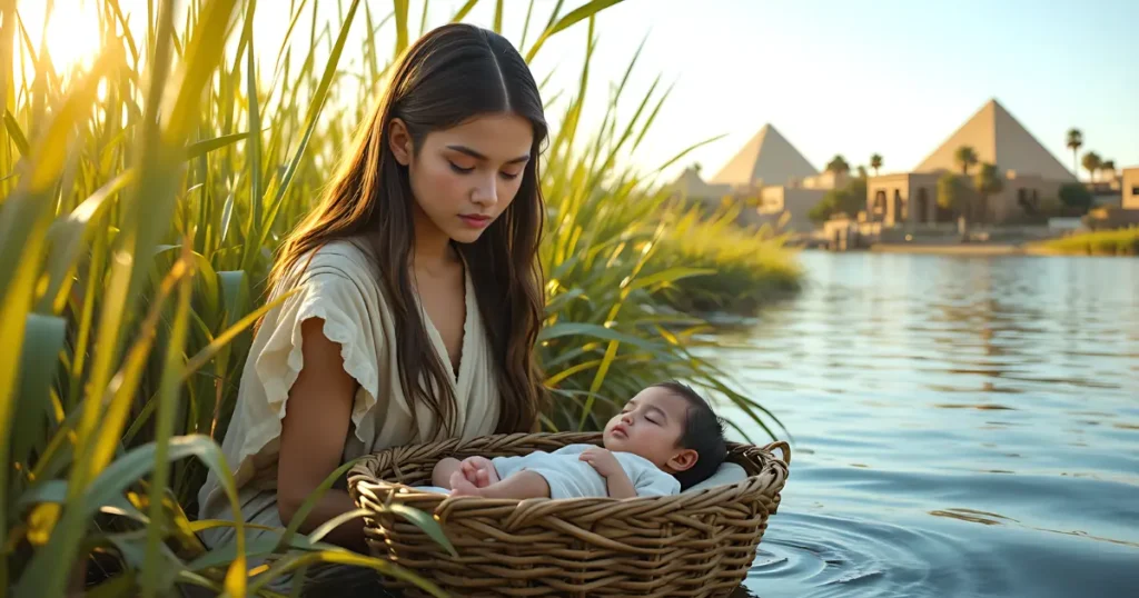 Miriam watching over baby Moses in a basket among the reeds of the Nile River