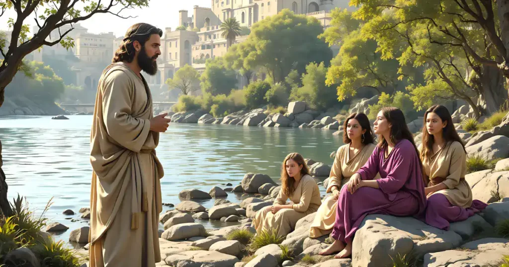 Paul preaching to Lydia and other women by the river outside Philippi