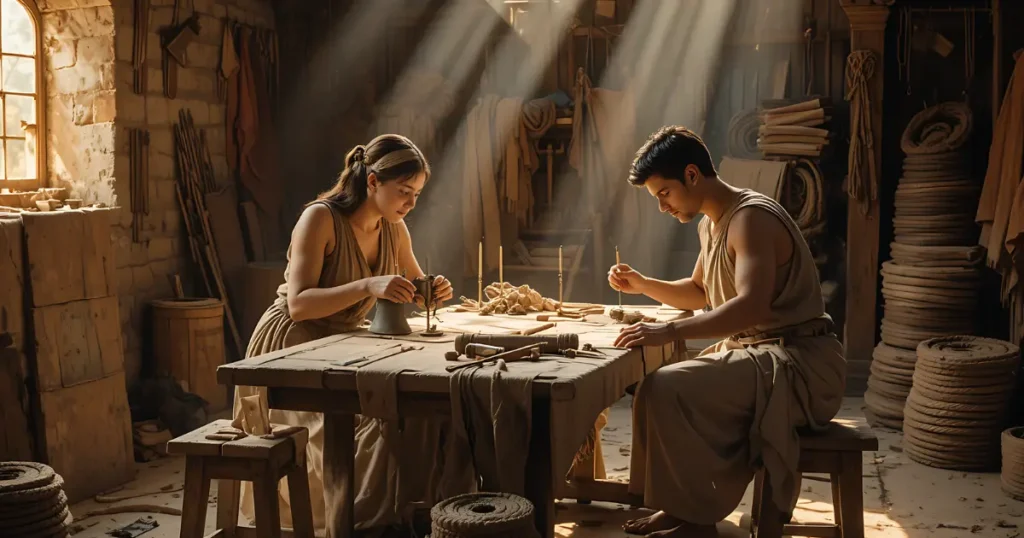 Priscilla and Aquila working together as tentmakers in the Bible