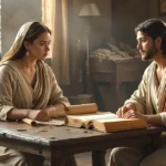 Priscilla in the Bible teaching Apollos in a home setting during the early church