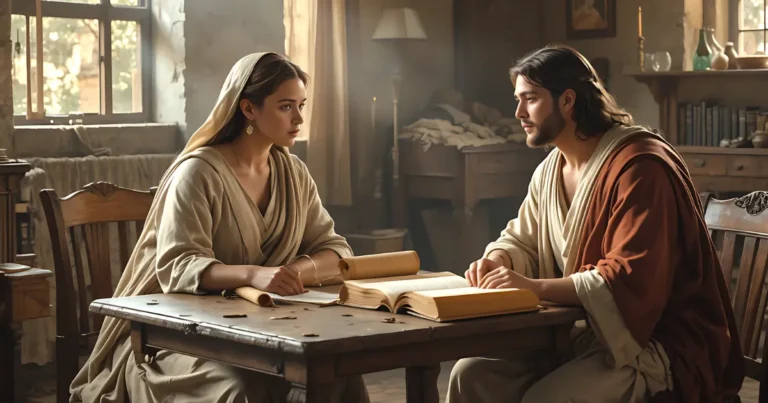 Priscilla in the Bible teaching Apollos in a home setting during the early church