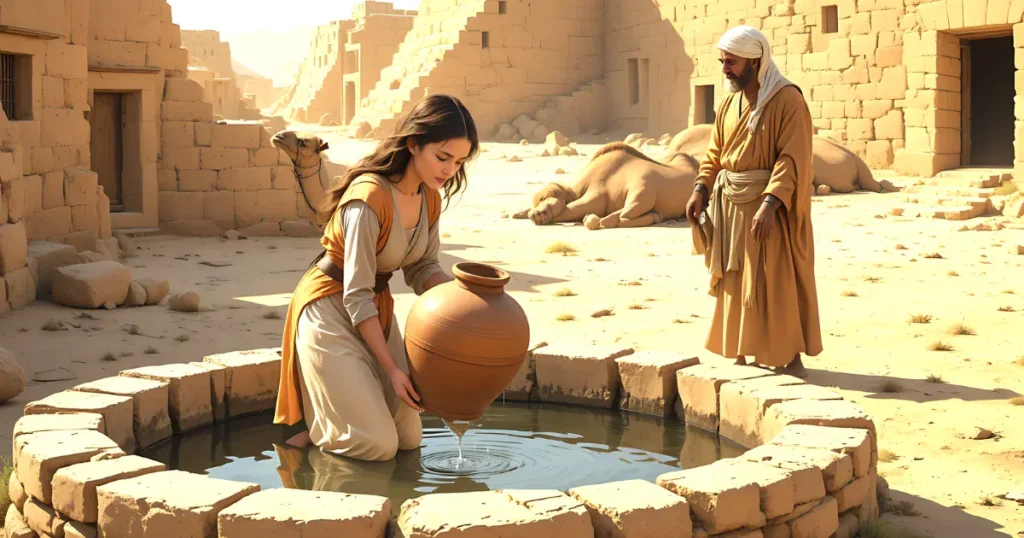Rebekah at the well in Genesis 24 giving water to Abraham's servant