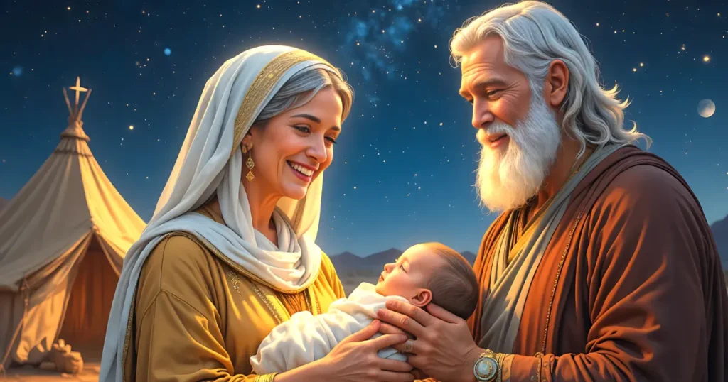 Sarah in the Bible image with Abraham, Isaac, and a biblical landscape showing God's promise fulfilled