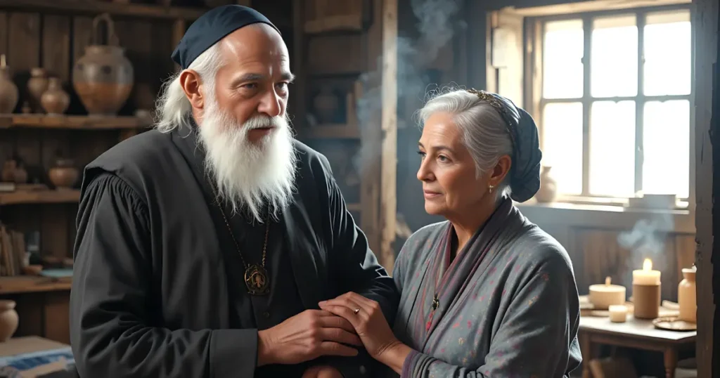 Zechariah and Elizabeth in the Bible, elderly faithful couple standing together in their home