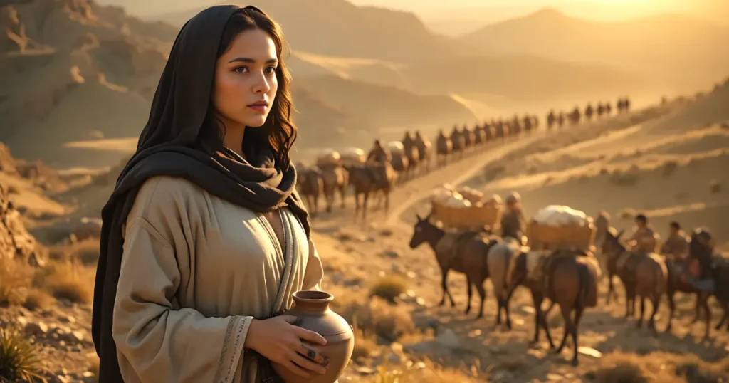 Abigail in the Bible standing on a hillside with donkeys carrying gifts as David's army approaches in the distance