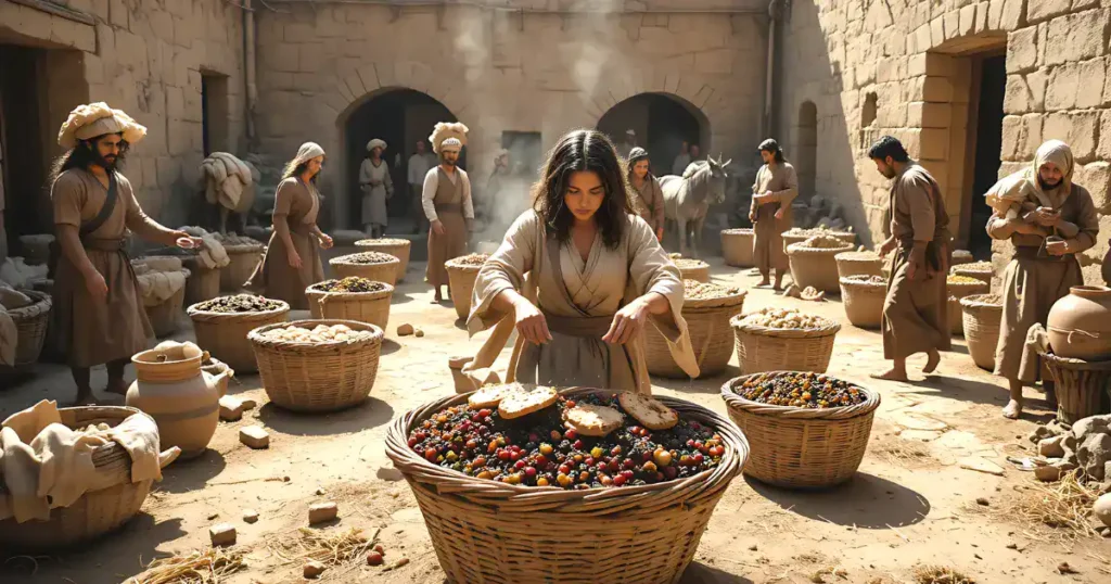 Abigail preparing food gifts for David in the Bible story of 1 Samuel 25