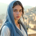 Abital in the Bible, the wife of King David, standing on a stone balcony in Hebron during sunrise.