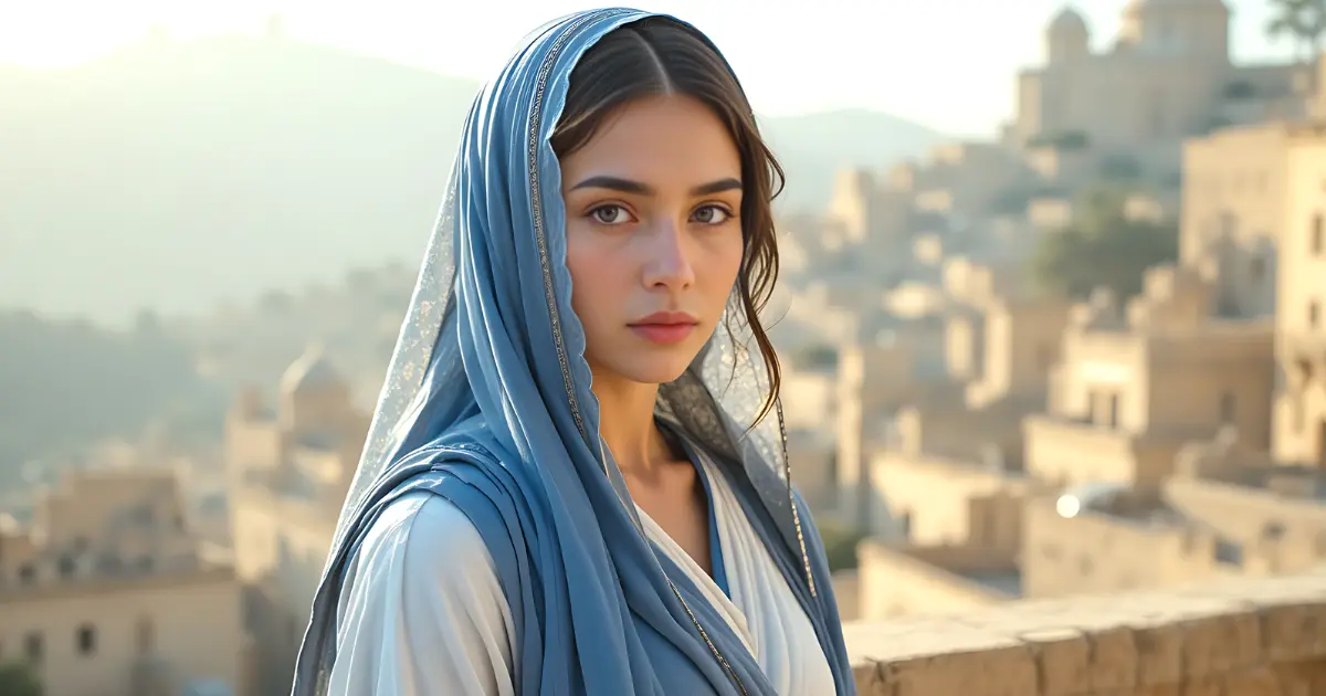 Abital in the Bible, the wife of King David, standing on a stone balcony in Hebron during sunrise.