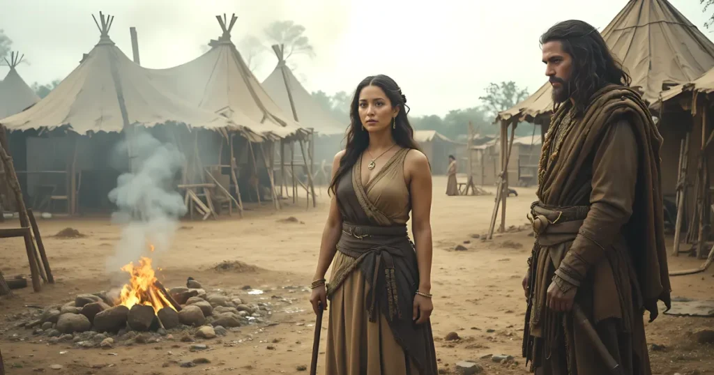 Adah wife of Lamech standing beside her husband Lamech in an ancient settlement