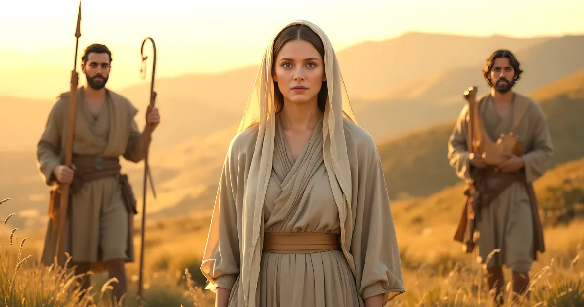Adah in the Bible, wife of Lamech, standing in an ancient landscape with her two sons Jabal and Jubal