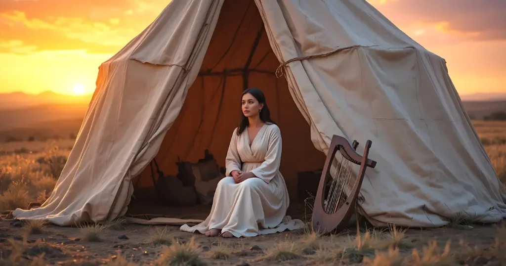 A solitary woman sitting outside a tent at sunset representing Adah in the Bible and her unseen influence