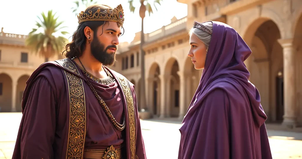 Prince Adonijah asking Bathsheba for permission to marry Abishag, a key moment in the royal succession of Israel.