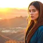 Ahinoam in the Bible standing in the Judean wilderness during sunset.