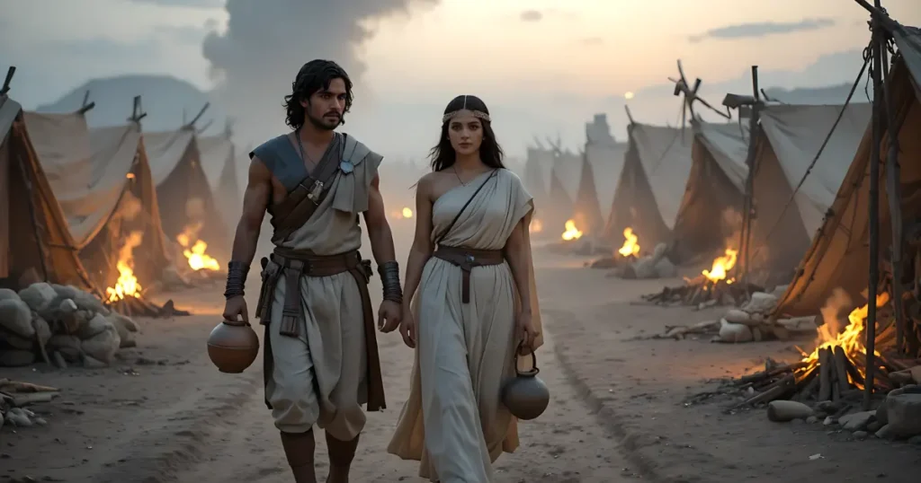 David and Ahinoam walking through a desert camp in the ancient Near East.