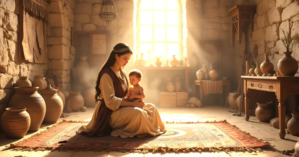 Ahinoam of Jezreel holding her young son Amnon inside a home in Hebron.