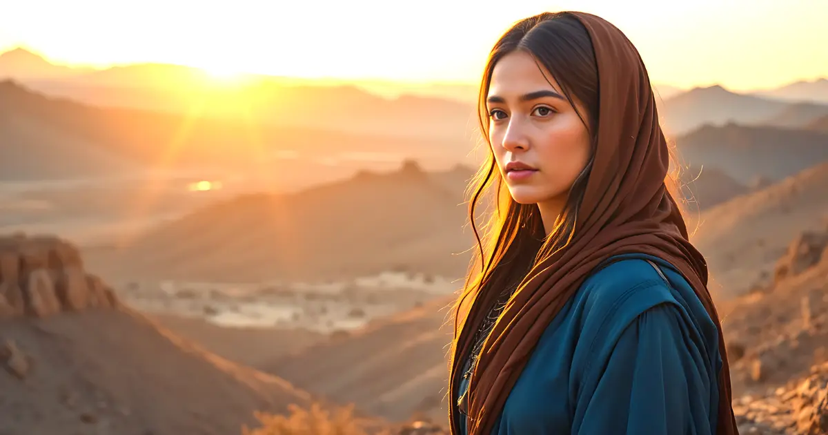 Ahinoam in the Bible standing in the Judean wilderness during sunset.