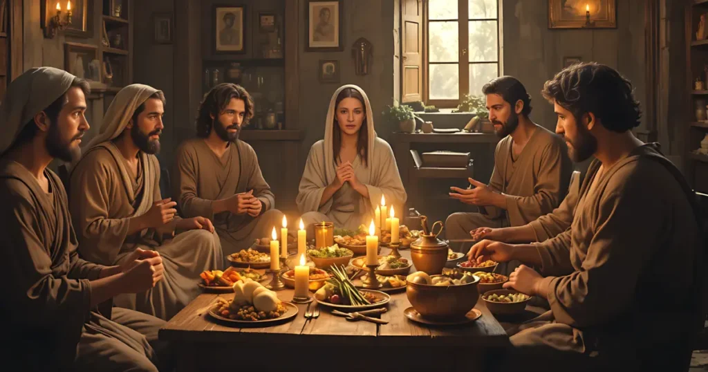 Early church community gathering in a house church showing the role of Apphia in the early church