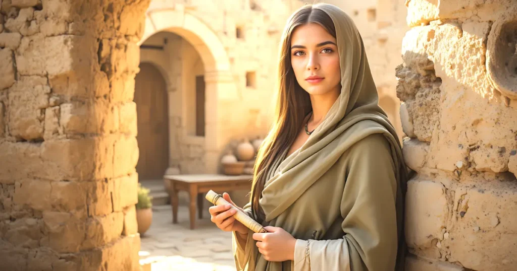 Apphia in the Bible, a first century Christian woman holding a scroll near a stone doorway in Colossae