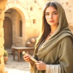 Apphia in the Bible, a first century Christian woman holding a scroll near a stone doorway in Colossae