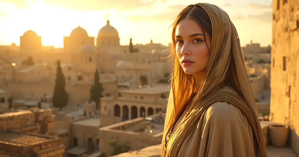 Bathsheba in the Bible, standing on a rooftop in ancient Jerusalem during the time of King David