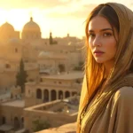 Bathsheba in the Bible, standing on a rooftop in ancient Jerusalem during the time of King David