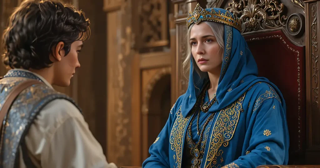 Bathsheba as Queen Mother sitting on a throne next to King Solomon in ancient Jerusalem.