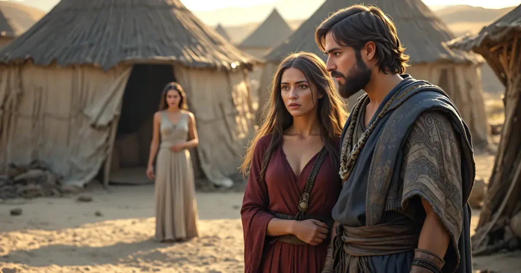 Bilhah in the Bible standing in the background with Rachel and Jacob in a biblical setting