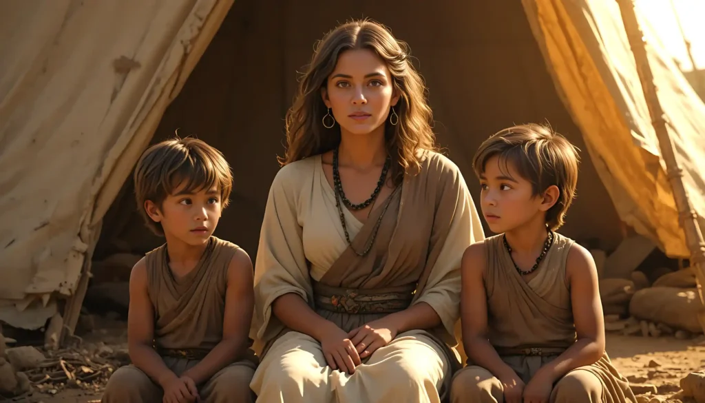 Bilhah with her sons Dan and Naphtali in a biblical setting